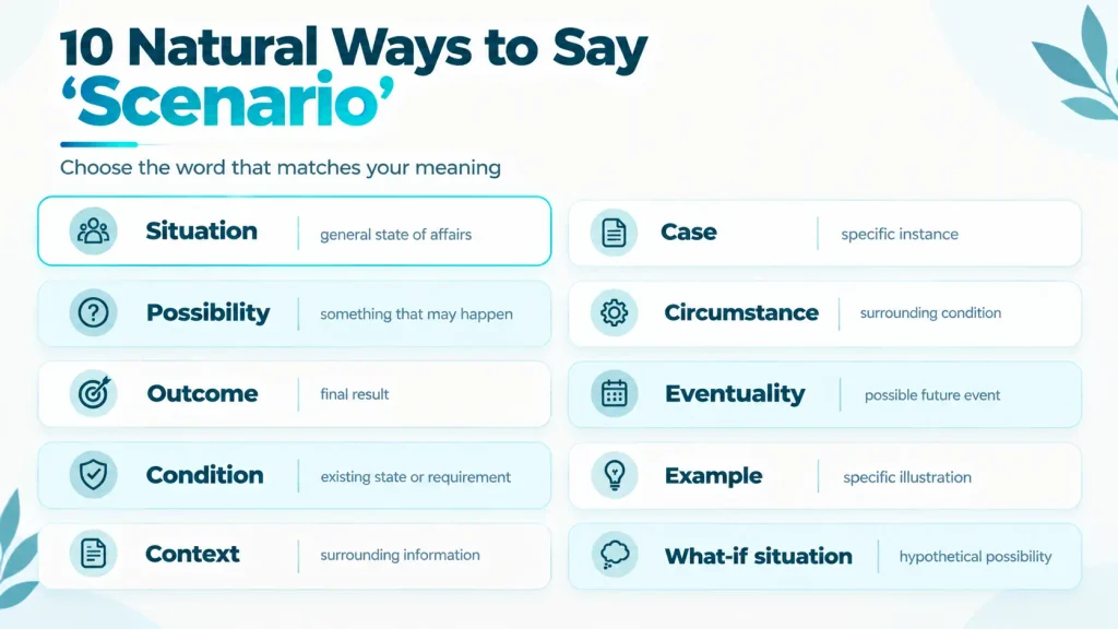 Quick-reference guide showing 10 natural alternatives to scenario and their meanings