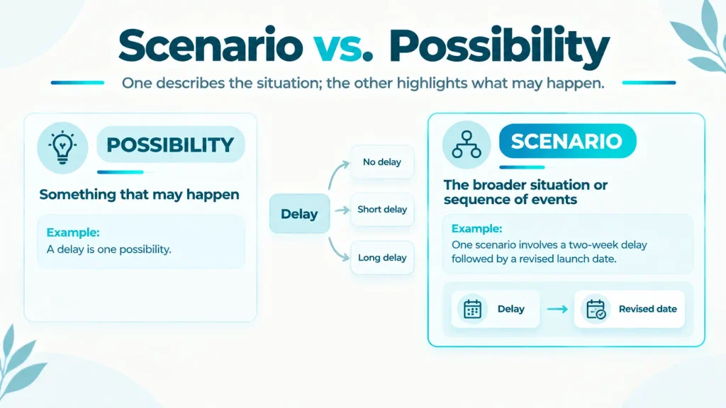 Visual guide comparing scenario and possibility with examples of possible future events