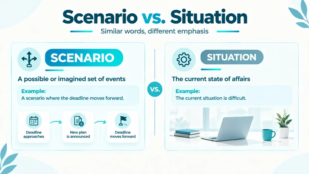 Comparison of scenario and situation showing hypothetical events versus the current state of affairs
