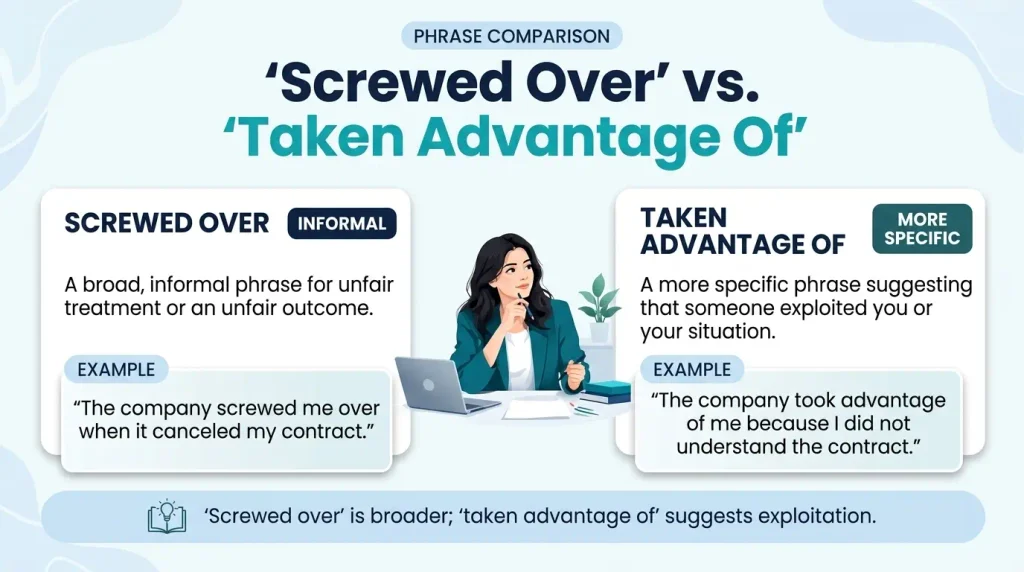 Comparison of screwed over and taken advantage of showing the difference in meaning