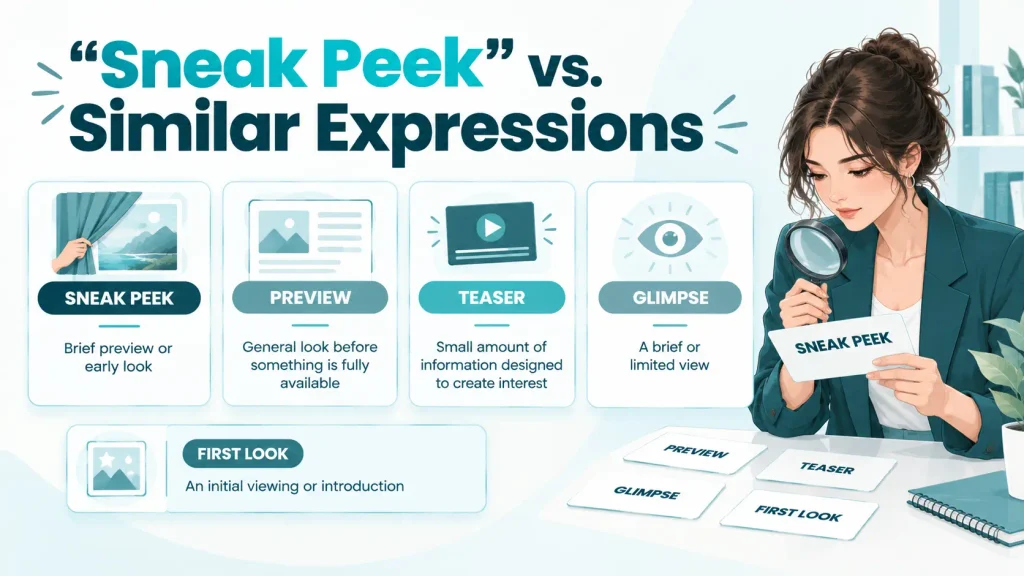Comparison of sneak peek with preview, teaser, glimpse, and first look