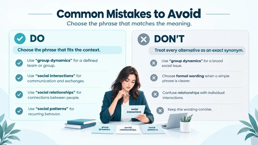 Do and don't guide showing common mistakes when choosing alternatives for social dynamics