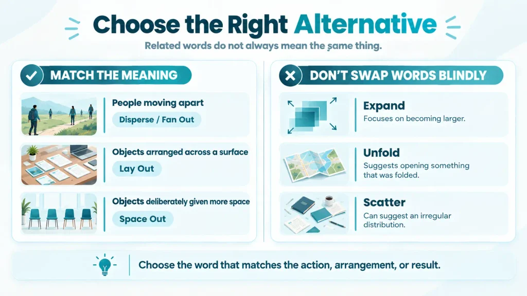 Do and avoid guide showing common mistakes when replacing spread out with expand, scatter, or unfold