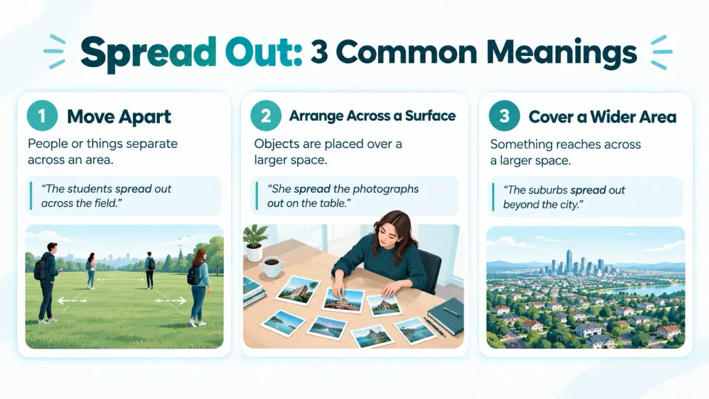 Visual guide showing the different meanings of spread out for people, objects, and larger areas