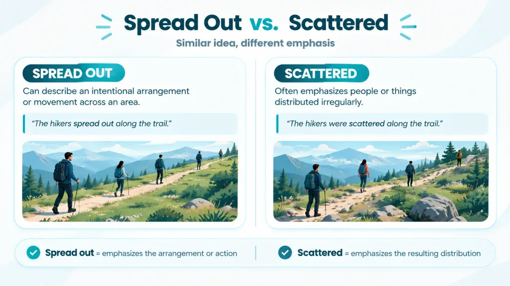 Comparison of spread out and scattered showing intentional arrangement versus irregular distribution