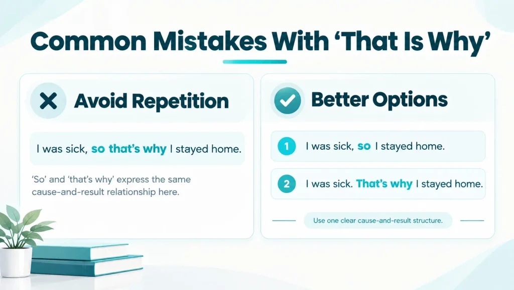 Do and avoid guide showing the common mistake of using “so” and “that’s why” together