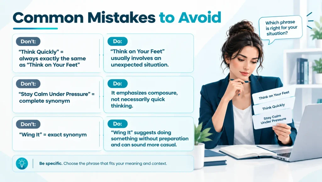 Do and don't guide showing common mistakes when using think on your feet and similar expressions