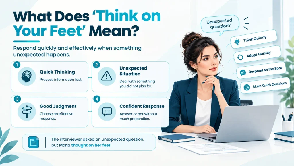Visual guide explaining the meaning of think on your feet as quick and effective thinking in unexpected situations