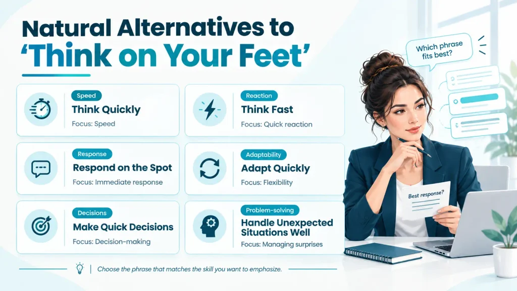 Quick reference chart showing natural alternatives to think on your feet including think quickly, adapt quickly, and respond on the spot
