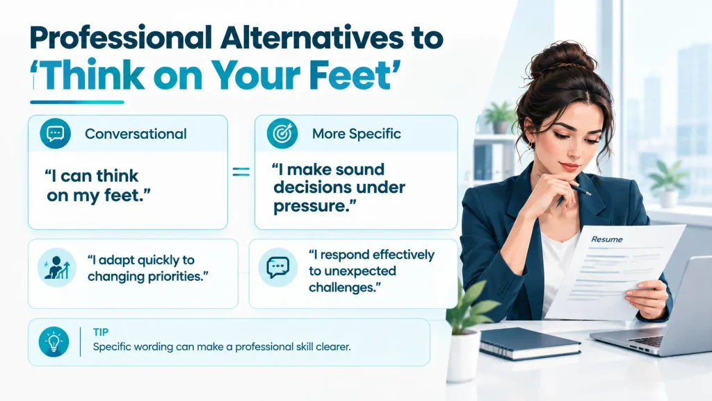 Professional writing examples showing formal alternatives to think on your feet for resumes and workplace communication