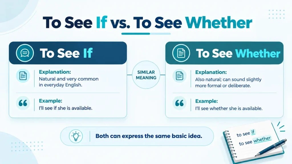 Comparison of “to see if” and “to see whether” with examples showing their similar meaning and different tone