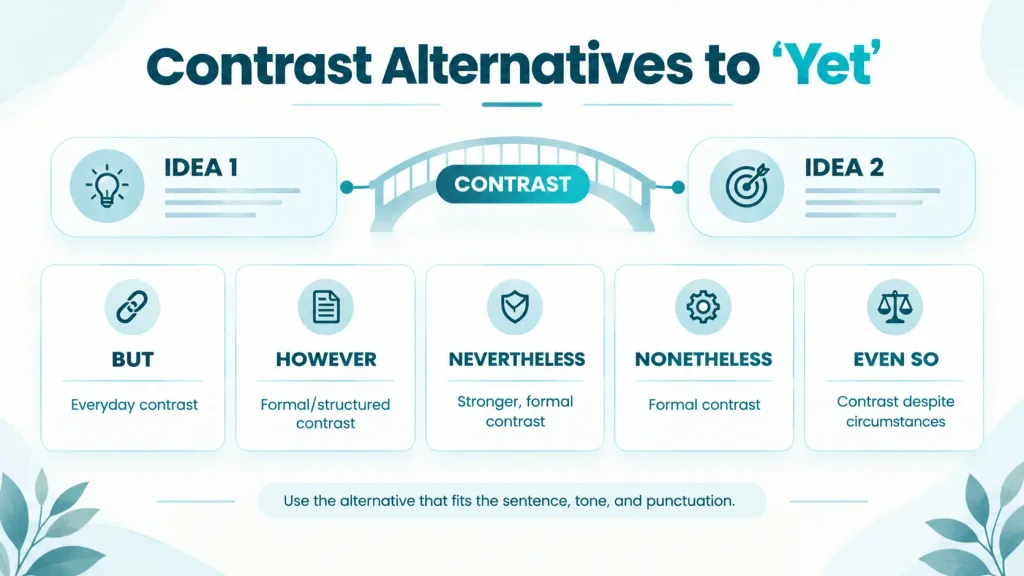 Visual comparison of contrast alternatives to “yet,” including but, however, nevertheless, nonetheless, and even so.