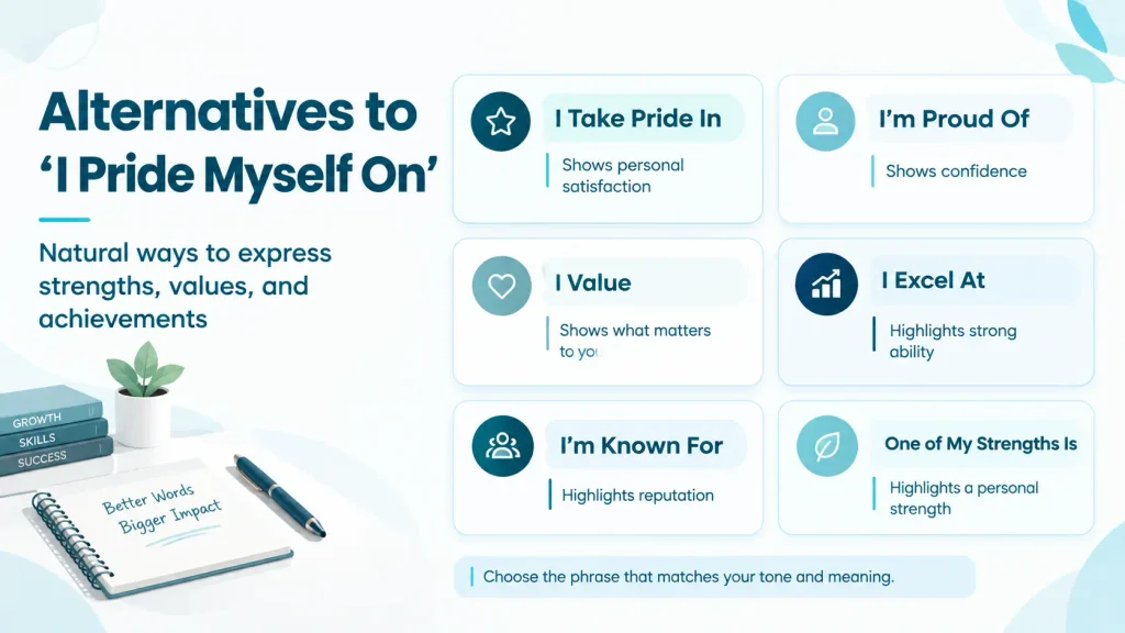 Quick-reference guide showing natural alternatives to “I pride myself on,” including “I take pride in,” “I’m proud of,” and “I value.”