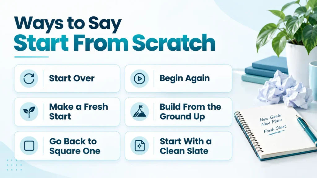 Infographic showing alternative phrases for start from scratch, including start over, begin again, and build from the ground up.