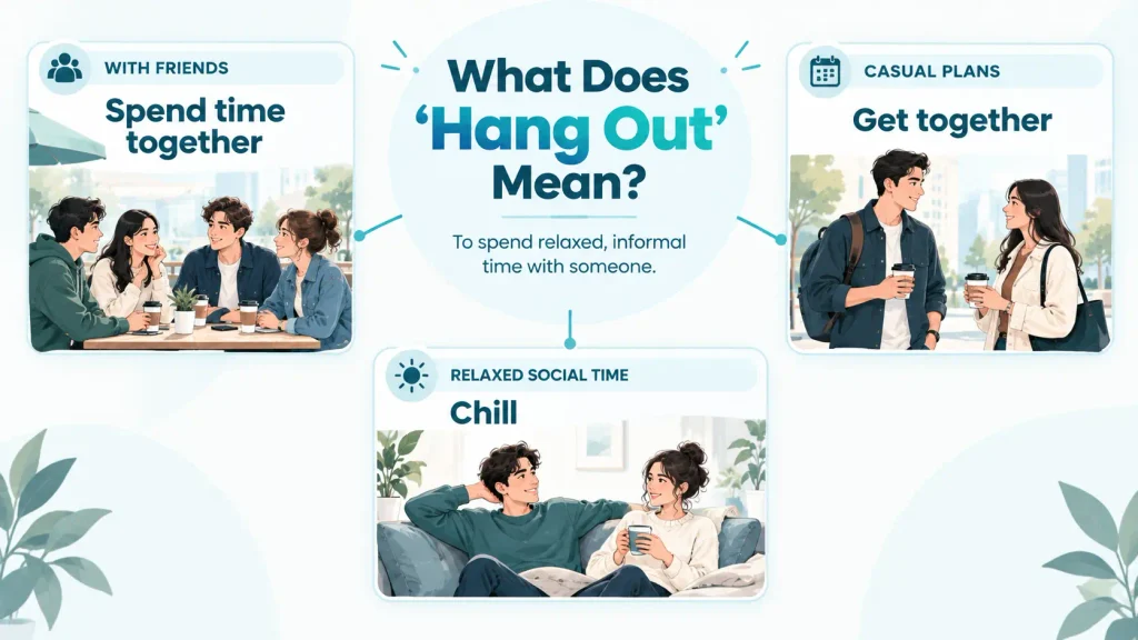 Visual guide explaining the meaning of “hang out” and natural alternatives for spending time together