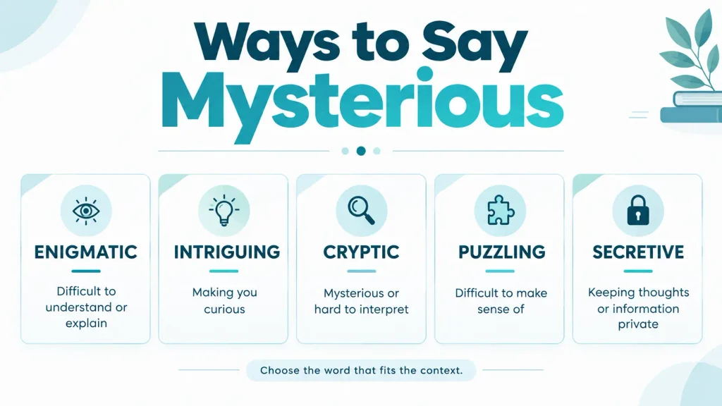 Infographic comparing mysterious with alternatives such as enigmatic, intriguing, cryptic, puzzling, and secretive.