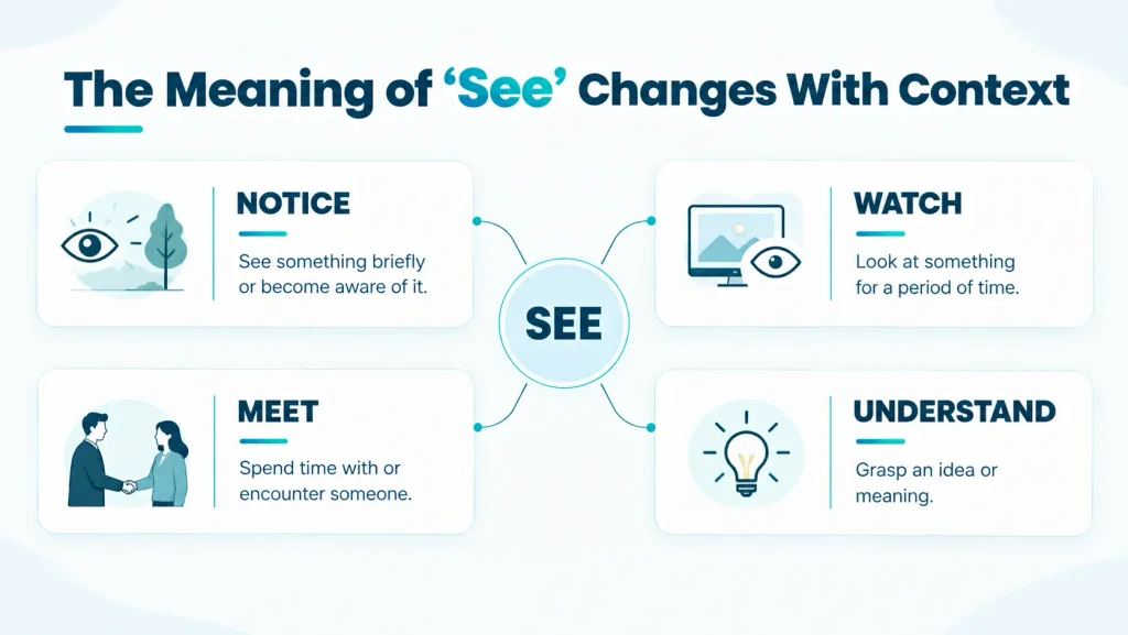 Visual guide showing different meanings of “see,” including notice, watch, meet, and understand