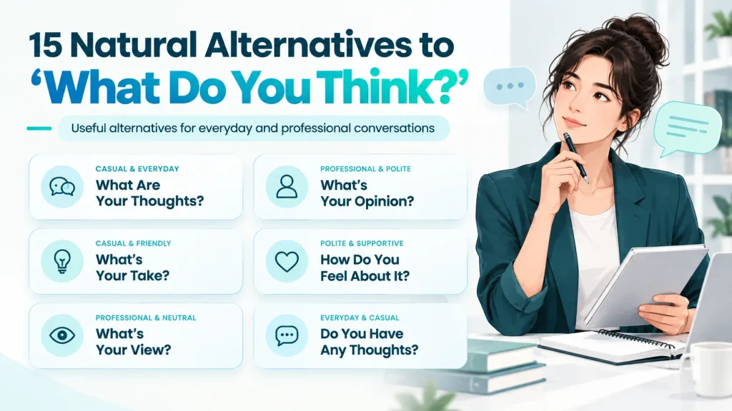 Quick reference showing natural alternatives to “What do you think?” for everyday and professional conversations