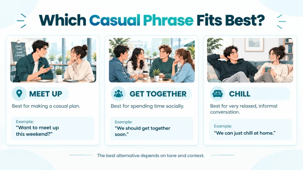 Context guide showing casual alternatives to “hang out” with everyday conversation examples
