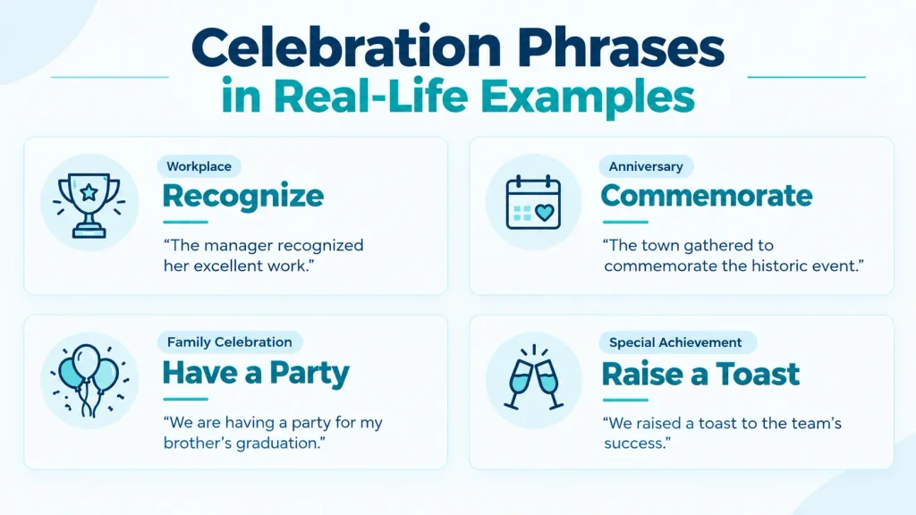 Real-life sentence examples showing how to use celebration alternatives in workplace, family, and special-event contexts.