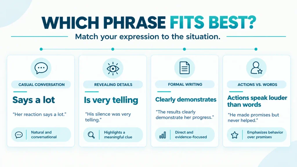 Comparison chart showing when to use says a lot, is very telling, clearly demonstrates, and actions speak louder than words.