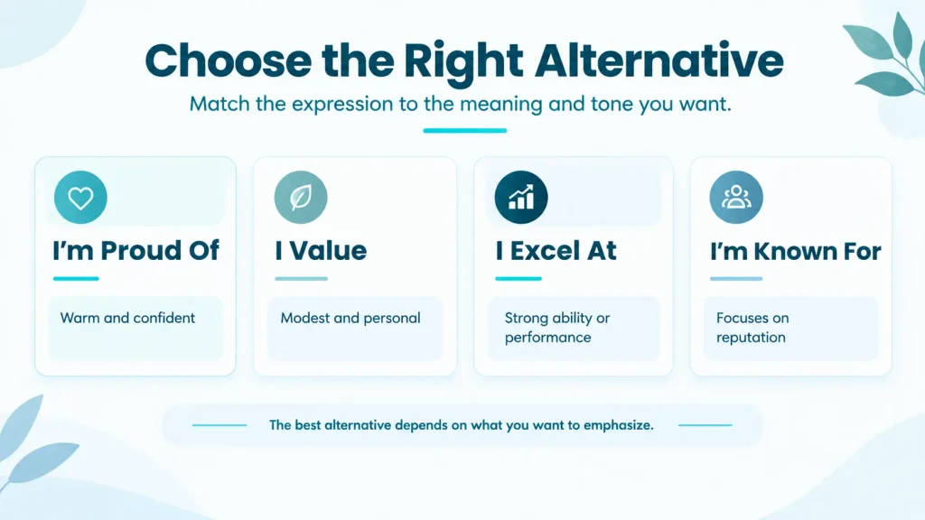 Tone guide showing when to use alternatives such as “I’m proud of,” “I value,” “I excel at,” and “I’m known for.”