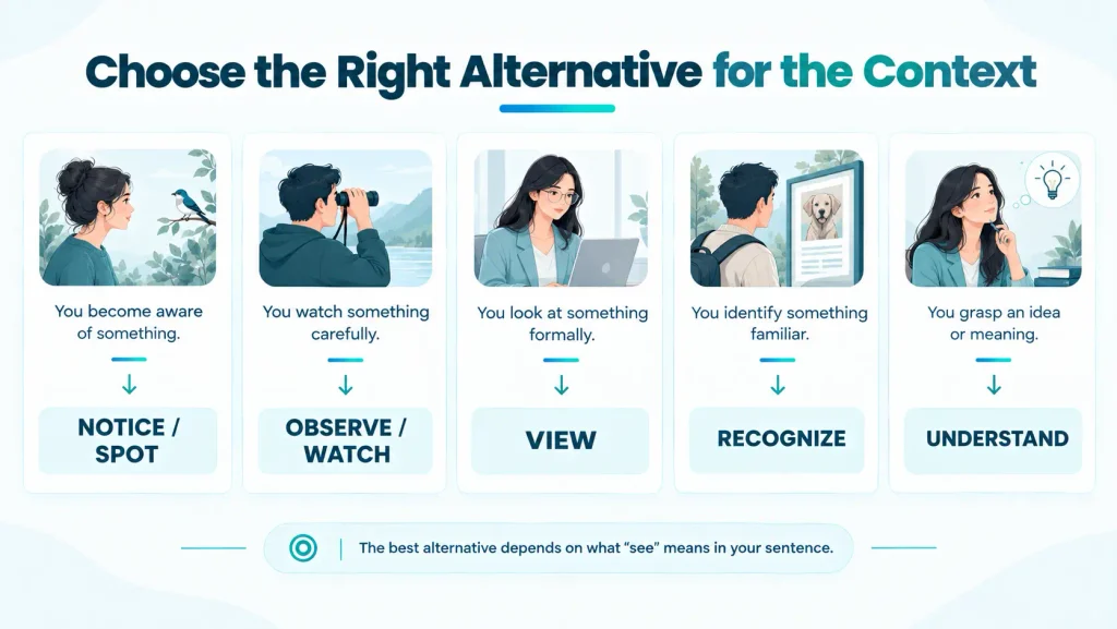 Context guide showing which alternative to “see” fits different situations