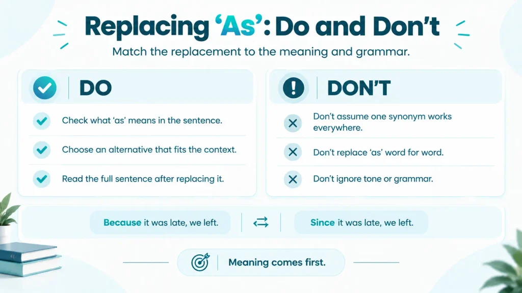 Do and don’t guide showing common mistakes when replacing “as” with another phrase