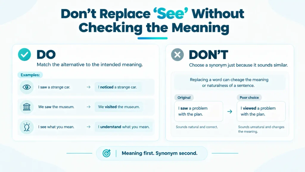 Do and don’t guide showing common mistakes when replacing “see” with another word