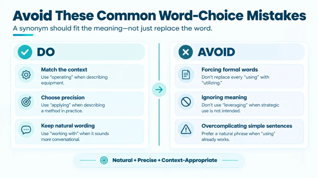 Do and avoid guide for choosing alternatives to using in different contexts