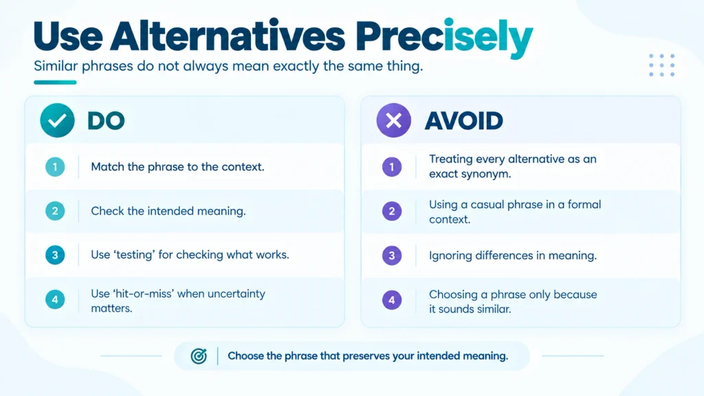 “Do and avoid guide for using alternatives to trial and error accurately in English”
