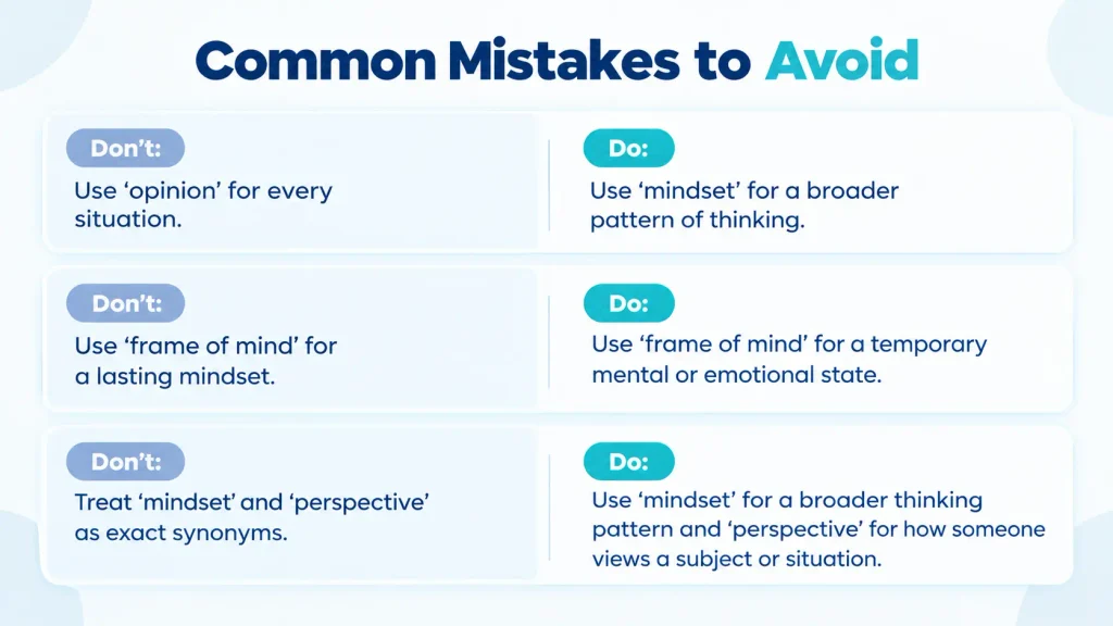 Common mistakes when replacing “way of thinking,” including confusing mindset, perspective, and frame of mind