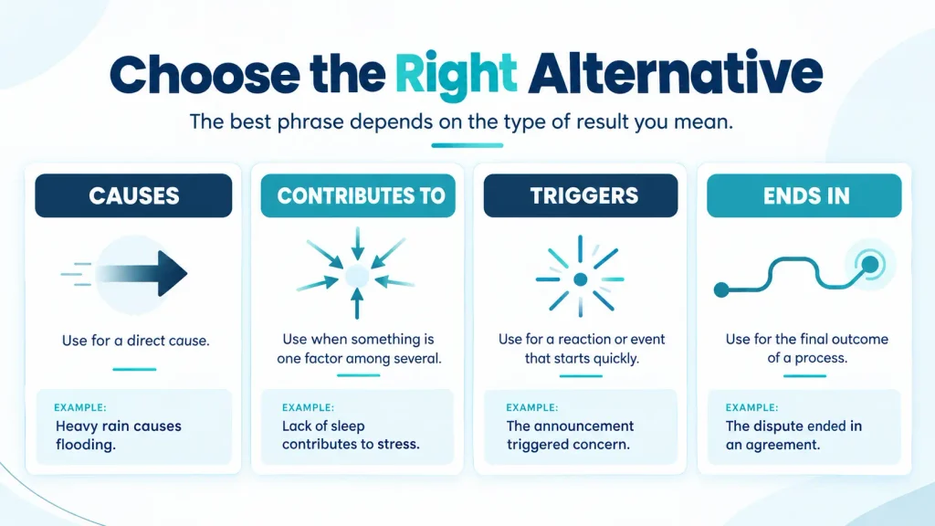 Formal, neutral, and casual alternatives to “results in” shown in a professional English usage guide.