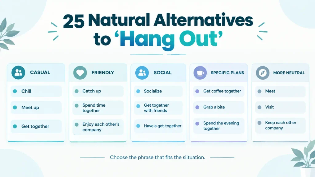 Quick-reference guide grouping natural alternatives to “hang out” for everyday conversations
