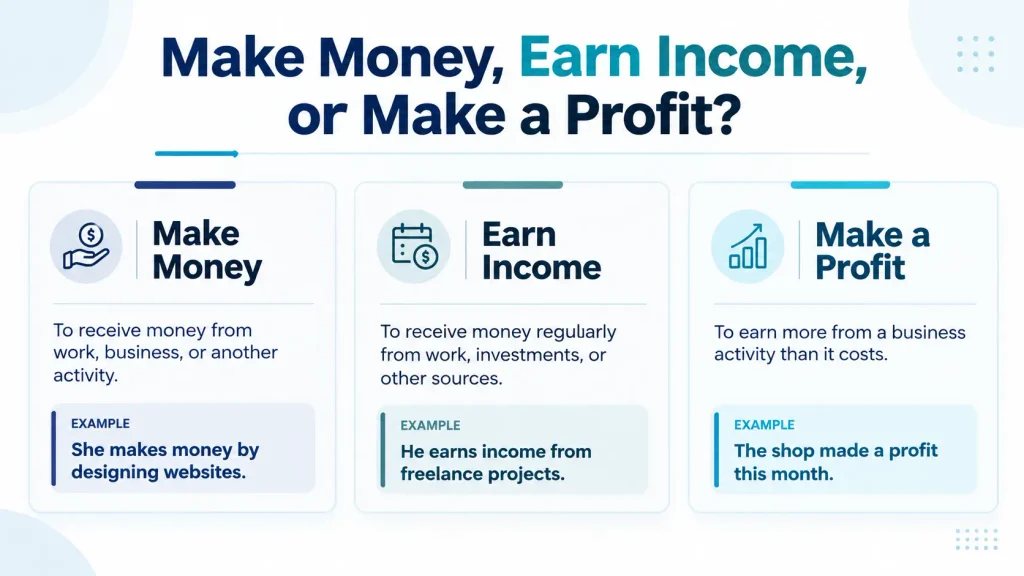 Comparison chart explaining the differences between making money, earning income, and making a profit.