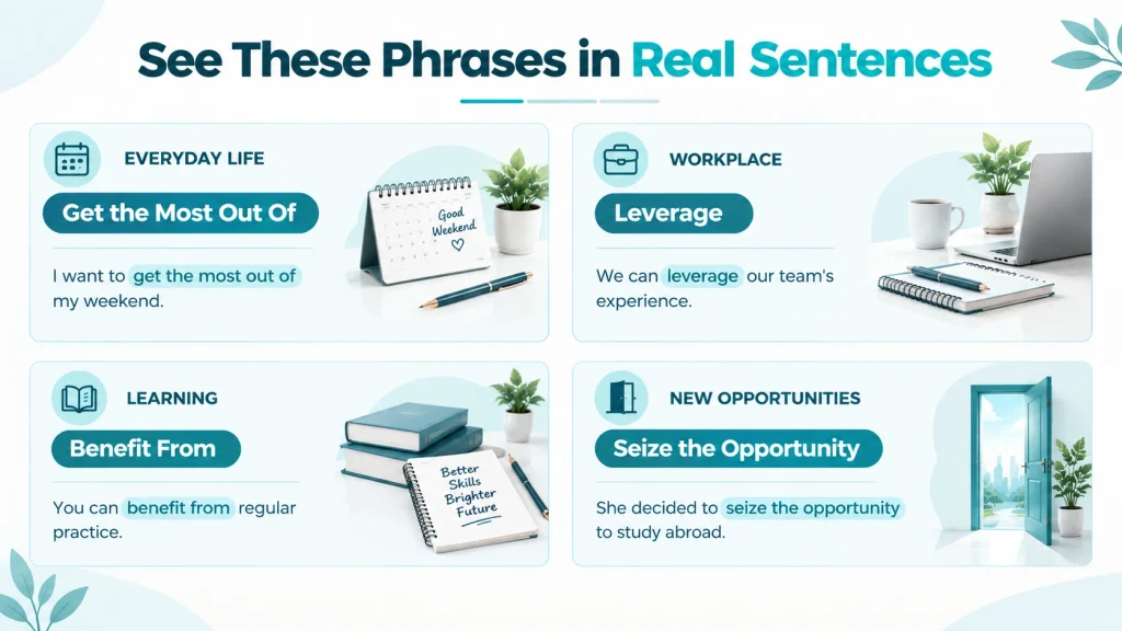 Example sentences showing how to use get the most out of, leverage, benefit from, and seize the opportunity in everyday English.