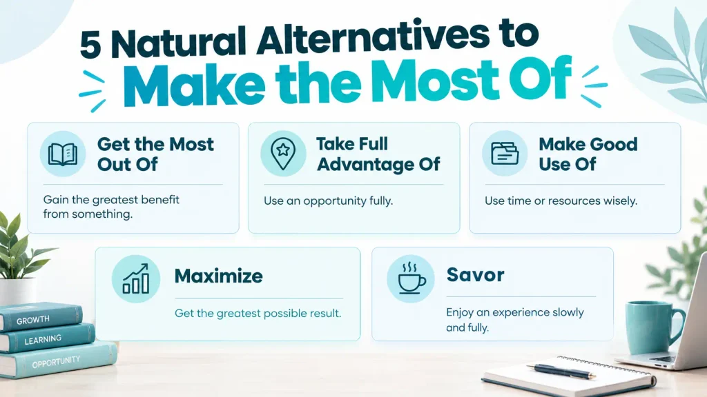 Comparison infographic showing alternatives to make the most of, including get the most out of, take full advantage of, make good use of, maximize, and savor.