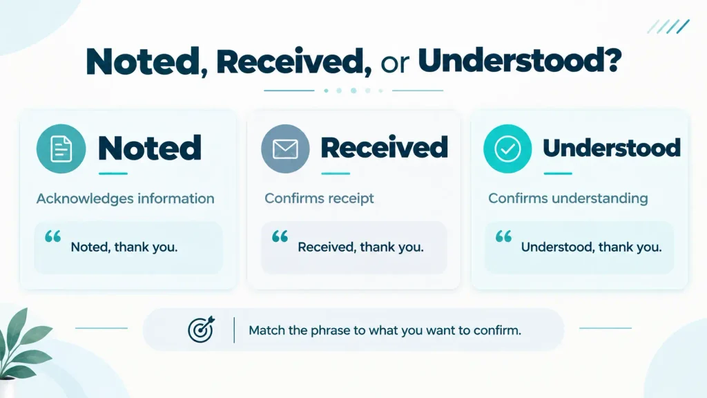Three-way comparison of Noted, Received, and Understood in professional emails