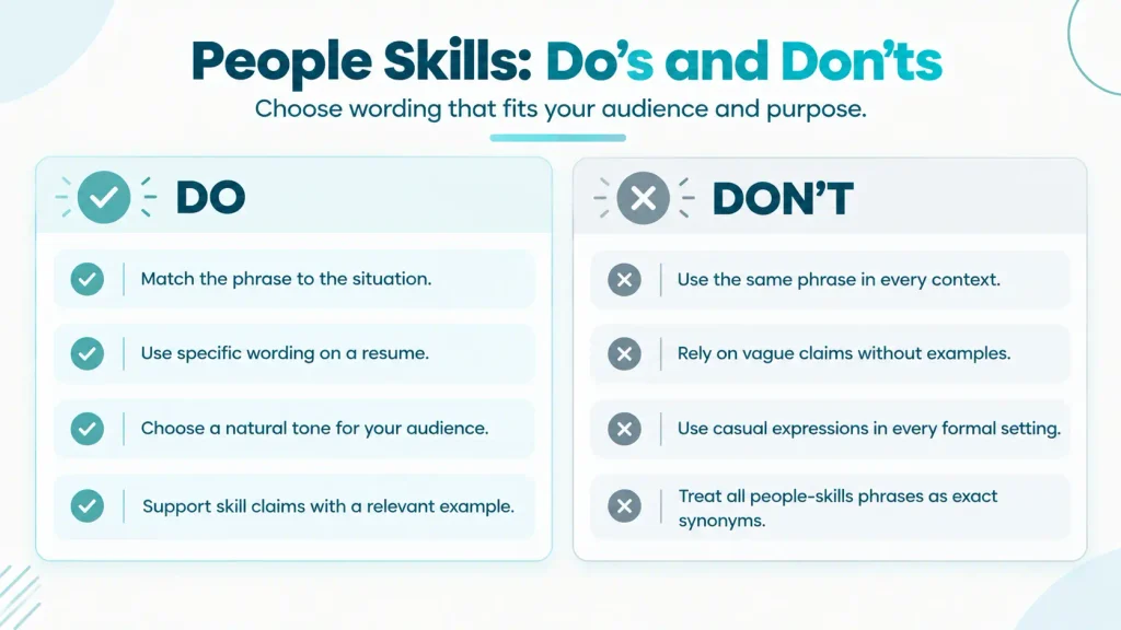 Do’s and don’ts for choosing clear, professional alternatives to good people skills in workplace communication.