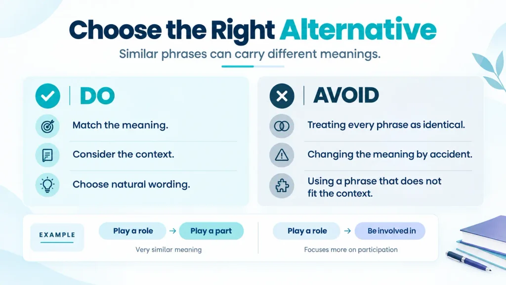 Do and avoid guide showing common mistakes when replacing the phrase play a role