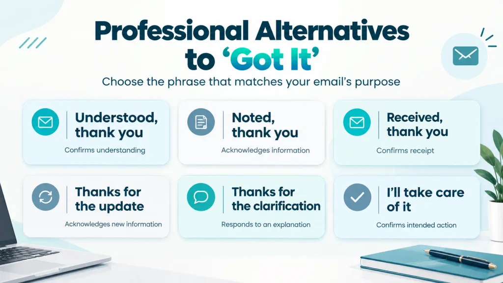 Professional alternatives to “Got It” in email with examples such as understood, noted, received, and thanks for the update