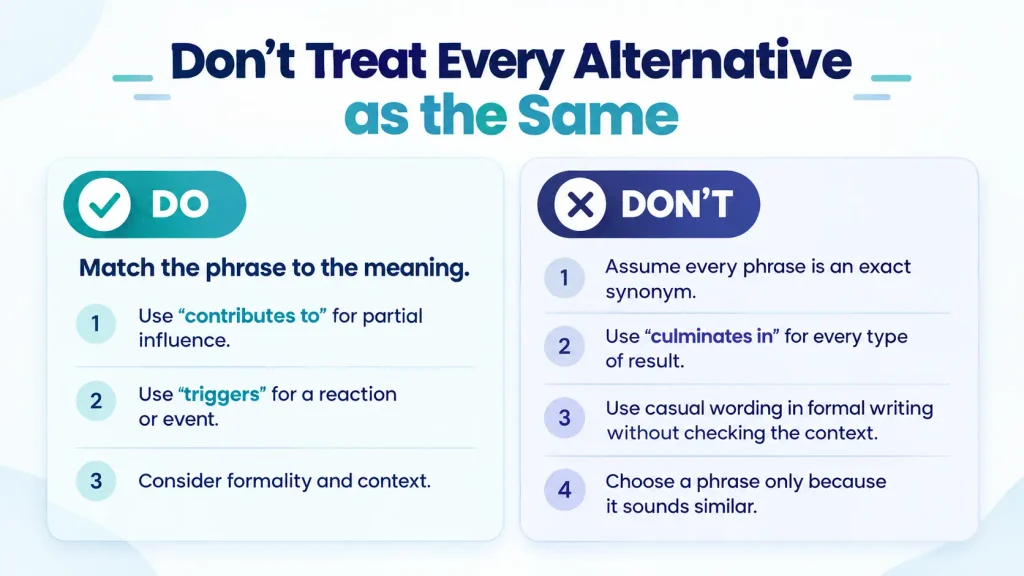 Do and don’t guide showing common mistakes when replacing “results in” with similar phrases.