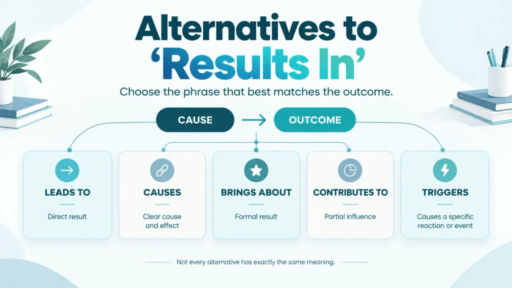 Quick-reference infographic showing natural alternatives to “results in” for describing outcomes and effects.