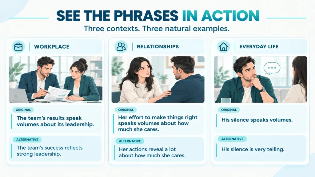 Examples of speaks volumes alternatives in workplace communication, relationships, and everyday conversations.

