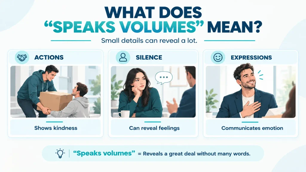 Infographic explaining the meaning of speaks volumes through actions, silence, and facial expressions.