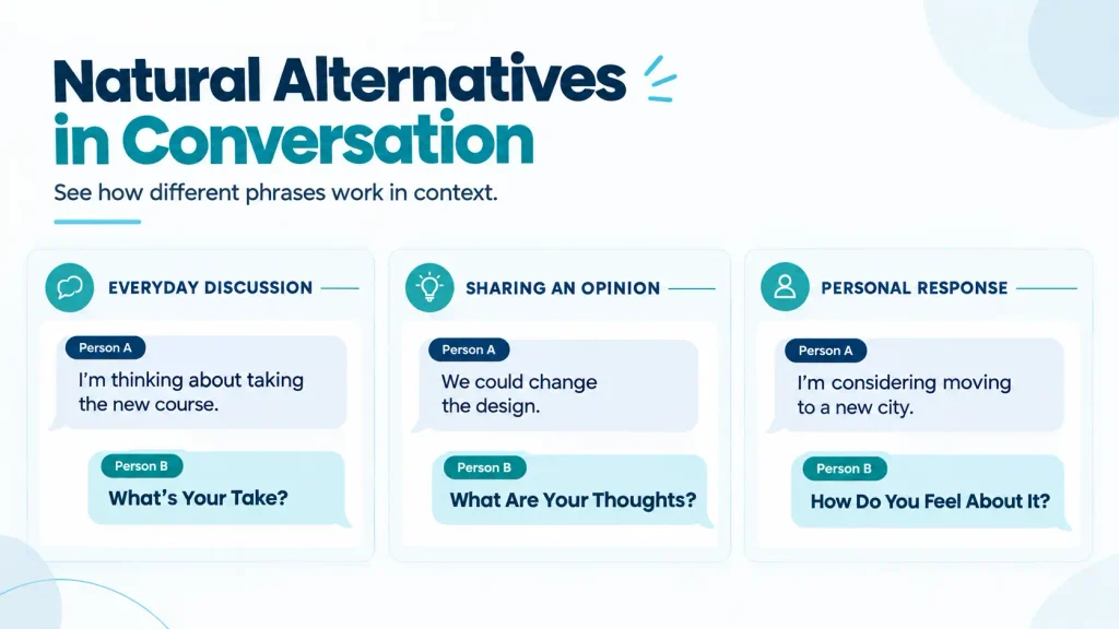Conversation examples using natural alternatives to “What do you think?”