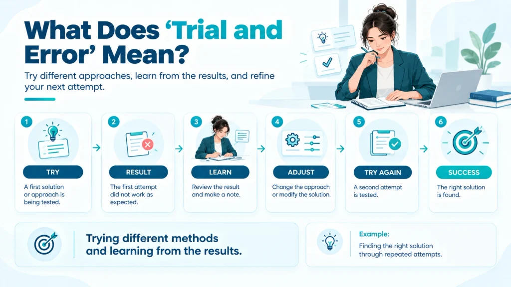 Visual explanation of trial and error showing repeated attempts, mistakes, learning, and improvement